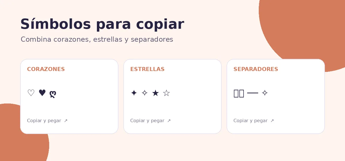 Ejemplos de corazones, estrellas y separadores decorativos que puedes copiar